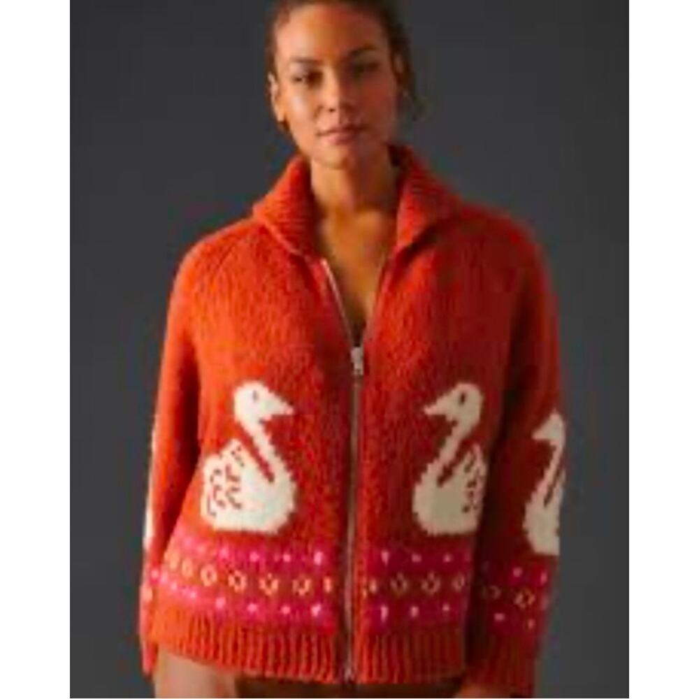 Maeve by Anthropologie Rust and Cream Swans Cardigan.  Size L (P). Retails $180